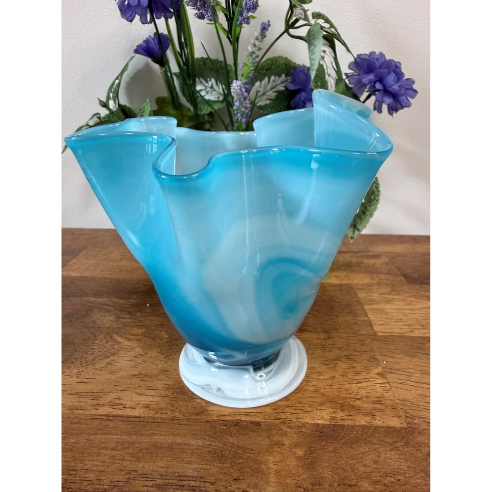 Vintage Blue‎ White Art Glass Ruffled Vase Hand-Blown Pedestal Form Retro Decor